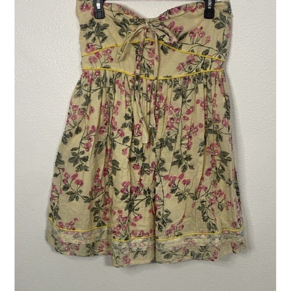Hazel Strapless Floral Sundress Yellow Pink Green L 100% Cotton Lace Bow Ruffle